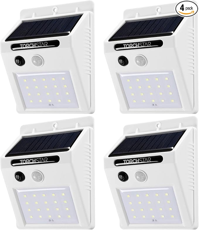 TORCHSTAR Outdoor LED Solar Powered Motion Sensor Light, IP65 Waterproof Cordless Outdoor Wall Lighting for Driveway, Patio, Garage, Porch, 6500K Pure White, White, Pack of 4