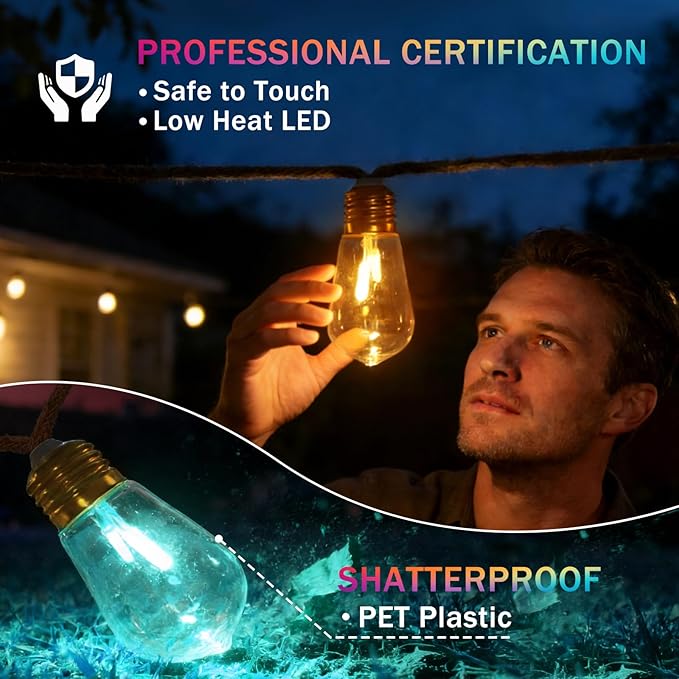 (New) Outdoor String Lights, 24FT 20 LED Bulbs Shatterproof Patio Lights, IP65 Waterproof 8 Light Modes Plug-in | Lumora