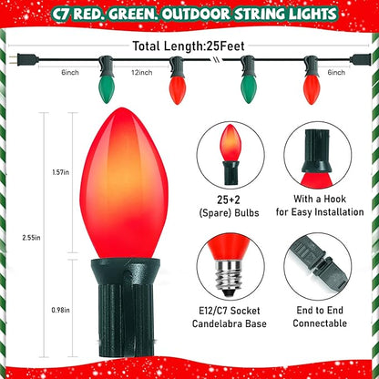 C7 Incandescent Christmas Lights, 25FT C7 White Red and Green Christmas Lights with 27 5W Incandescent Light Bulbs for Xmas Tree Fence Holiday Party House Night Decoration