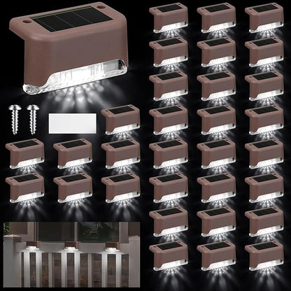 Geelin 32 Pcs Solar Deck Lights Outdoor, Waterproof LED Solar Step Fence Lights for Stairs, Step, Railing, Patio, Driveway, Garden, Pathway and Yard(Brown Shell Cool White Light)