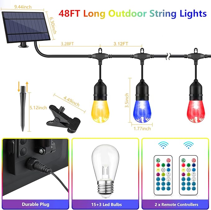 48FT Solar Outdoor RGB String Lights, 15+3 Waterproof Shatterproof LED Bulbs Dimmable Patio String Lights with Remote, Commercial Solar String Light for Patio Yard