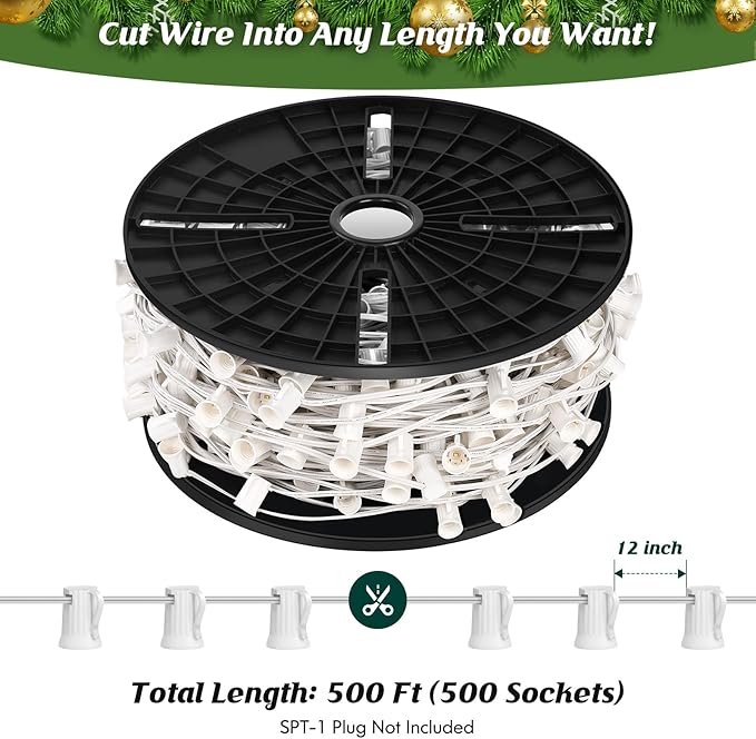 Brightever Commercial 500 FT LED Lights Sockets Outdoor, C9 E17 Light Sockets Set Spool, C9 Sockets Patio String | Lumora
