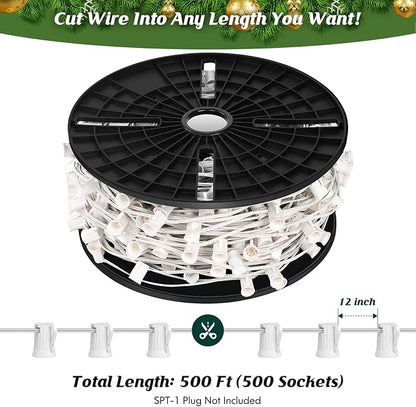 Brightever Commercial 500 FT LED Lights Sockets Outdoor, C9 E17 Light Sockets Set Spool, C9 Sockets Patio String Lights, C9 Light Strands - 12 Spacing Intermediate Base White Wire String Lights