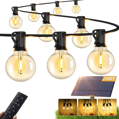 Brightever G40 Solar String Lights Outdoor with Remote, 200FT 72+2 LED Shatterproof Bulbs, Dimmable & Timable, 3 Lighting Modes, Waterproof Solar Power Outdoor Lights for Patio, Market, Wedding