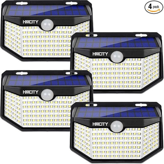 HMCITY Solar Lights Outdoor 120 LED 3 Lighting Modes,Motion Sensor Wall Lights, IP65 Waterproof Solar Powered Wall Lights for Garden Deck Lights (Back Button 4Packs, Black Shell-Daylight White)