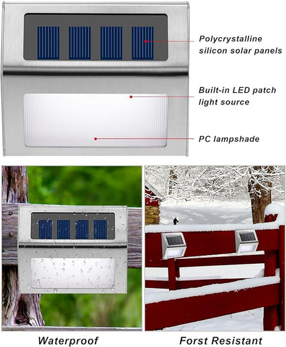 Treela 24 Packs Outdoor Fence Lights Solar Powered Deck Lights Waterproof Backyard Lighting Stainless Steel Lamp Stairs Fence Light Security Wall Lamps for Step Walkway Patio Garden Pathway (White)