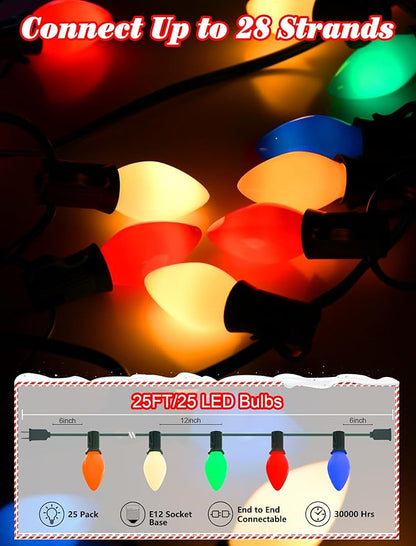 Christmas Lights Outdoor,25FT C7 LED Vintage Christmas Tree Lights with 27 (2 Spare) 0.6W Ceramic Multicolor Bulb,Xmas Lights Outdoor for Holiday/Paty/Patio/House Decor
