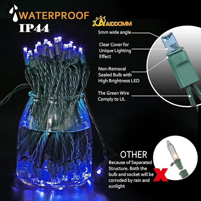 100 Count Blue LED Christmas Lights 50ft 5mm Blue, Waterproof, Indoor/Outdoor, UL, IP65 | Lumora
