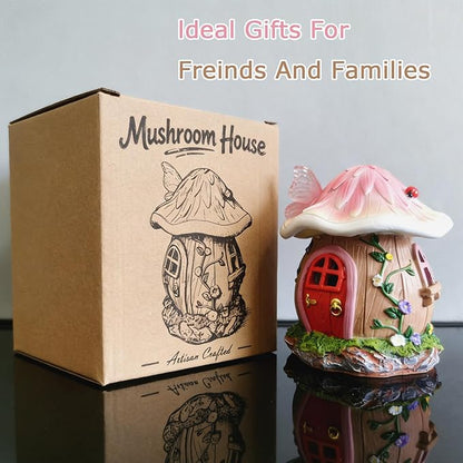 Mushroom Fairy House Garden Statue Outdoor Figurine with Solar Light,Fairy House Garden Decor,Fairy Cottage Ornaments,for Patio Yard Balcony Decoration,Gifts for Mom & Women