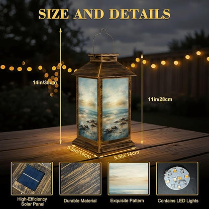 Solar Lantern Outdoor Waterproof Abstract Light Blue Coastal Theme Modern Ocean Skyline Sunset Sunrise Garden Decor LED Solar Lights Hanging/Tabletop Lamp Gifts for Women Mom for Outside Yard Patio