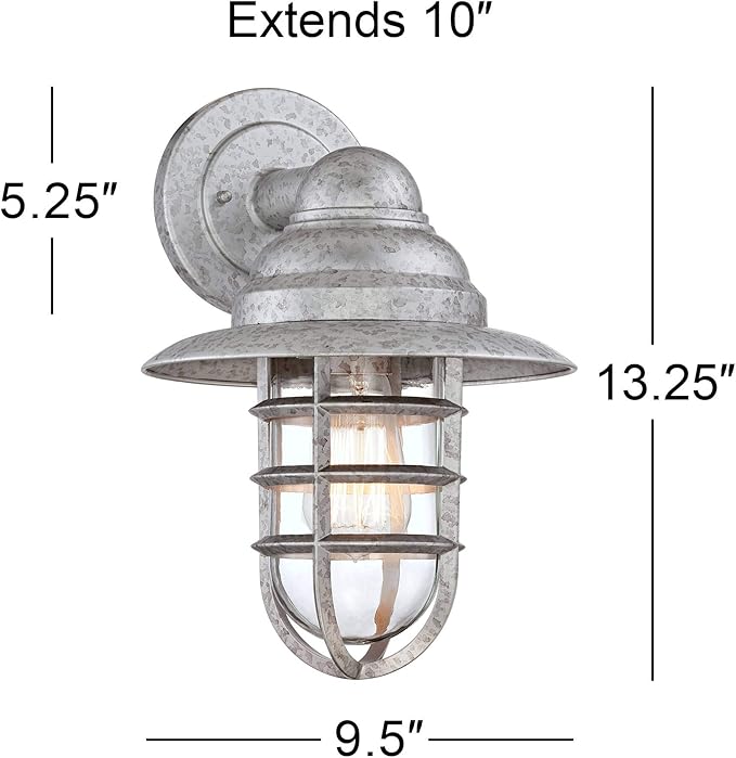 John Timberland Marlowe 13 1/4" High Farmhouse Rustic Modern Hooded Cage Outdoor Wall Light Fixture Mount Porch House Exterior Outside Set of 2 Edison Bulb Weatherproof Galvanized Clear Glass Shade