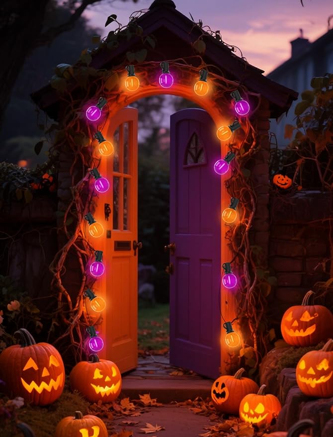 25FT Halloween String Lights Outdoor Plug-In, 25 G40 LED Bulbs & 2 Spare, E12 Base, 2700K Warm White, Shatterproof, Outdoor Halloween Decorations for Garden Patio Christmas, Clear Purple Orange