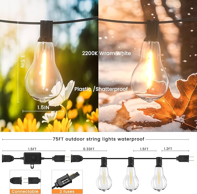 String Lights for Outside,75FT Patio Lights with 50+3 Bulbs(1.5FT Bulbs Spacing), outdoor string lights, Remote & Dimmer, 3 Mode Light & Timing, 50PC Mounting Ties for Outside, 2200K(Black)