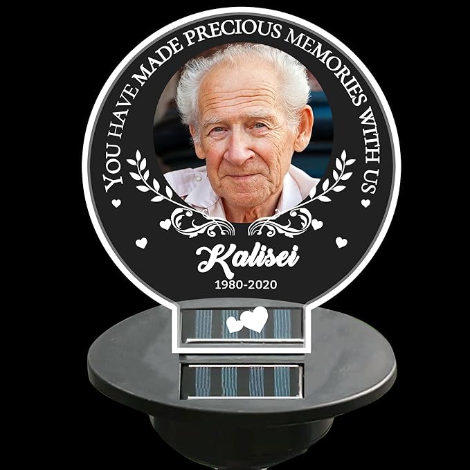 Personalized Memorial Garden Solar Outdoor Lights with Photo Name Custom Grave Decor Solar Lights for Sympathy Gifts for Loss of Loved One in Loving Memory Memorial Gift (A-Round -2)