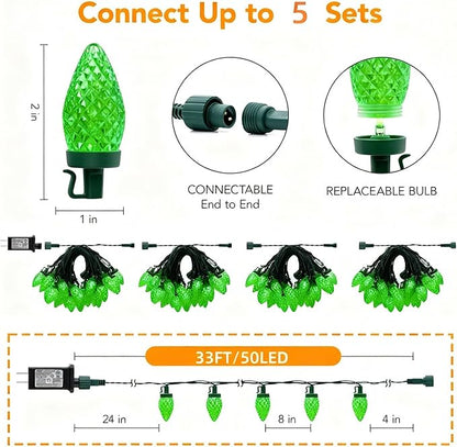 C9 LED Christmas Lights Outdoor,33 Feet 50 LED 8 Lighting Modes Waterproof Connectable Christmas String Lights for Outside Roofline Patio Home Xmas Decorations (Green)