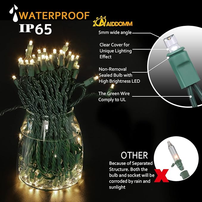 Christmas Lights Warm White 50 Counts, Christmas Lights Outdoor Warm White Commercial Grade Waterproof IP65, 25Ft | Lumora