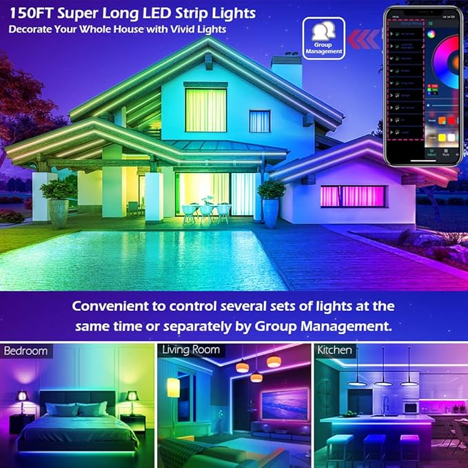 100ft Led Strip Lights,Long Smart Led Light Strips Music Sync 5050 RGB Color Changing Rope Lights,Bluetooth APP/IR | Lumora