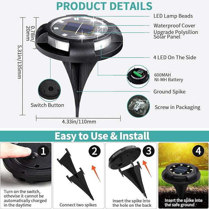 Solar Ground Lights, 8 Pack 12 LED Solar Disk Lights Outdoor Waterproof In-Ground Landscape Lighting for Garden | Lumora