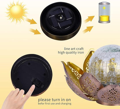 DUSVALLY Lotus Solar Light Outdoor Garden Decoration for Patio, Lawn, Walkway, Tabletop, Waterproof Metal Lotus & Glass Globe Emit Crackle Light, Golden