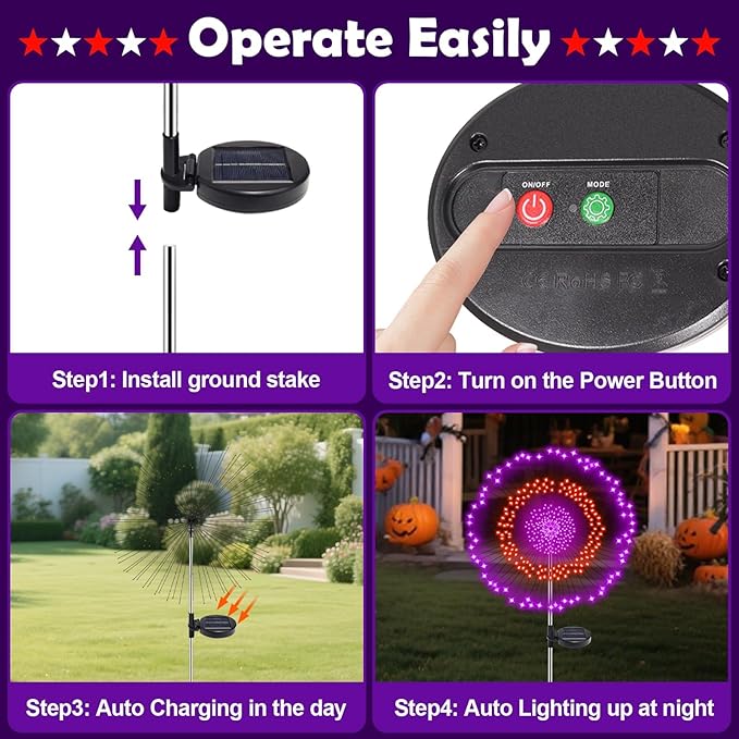 4 Pack Solar Halloween Lights Outdoor, 720 LED Orange & Purple Solar Firework Lights with 8 Lighting Modes | Lumora
