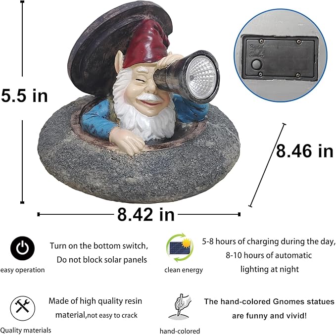 Solar Garden Gnomes Statue - Funny Dwarf Statue Hiding Under a Manhole Cover, Solar Outdoor Garden Decor for Yard, Lawn, Patio - Gnomes Figurine Ideal for Garden Lovers & Holiday Giving