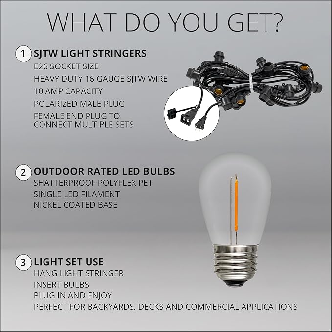 100ft S14 Shatterproof Deck Lights, 50 Bulbs, Outdoor String Lights Waterproof Commercial Grade String Lights | Lumora