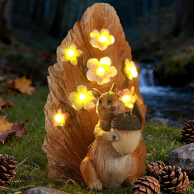 Solar Squirrel Statue Ourdoor Decor,Squirrel Figurines with Flower LED Light Decorations for Garden Woodland Patio Yard Porch, Housewarmng for Women Mom Grandma