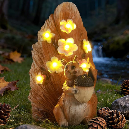 Solar Squirrel Statue Ourdoor Decor,Squirrel Figurines with Flower LED Light Decorations for Garden Woodland Patio Yard Porch, Housewarmng for Women Mom Grandma