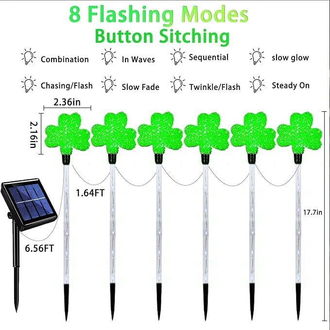 Shamrock Solar Lights for St Patrick's Day Decorations - Outdoor Waterproof 6Pack 48LED Green Garden Stake Light 8 Modes Lucky Clover for Yard, Pathway Decor