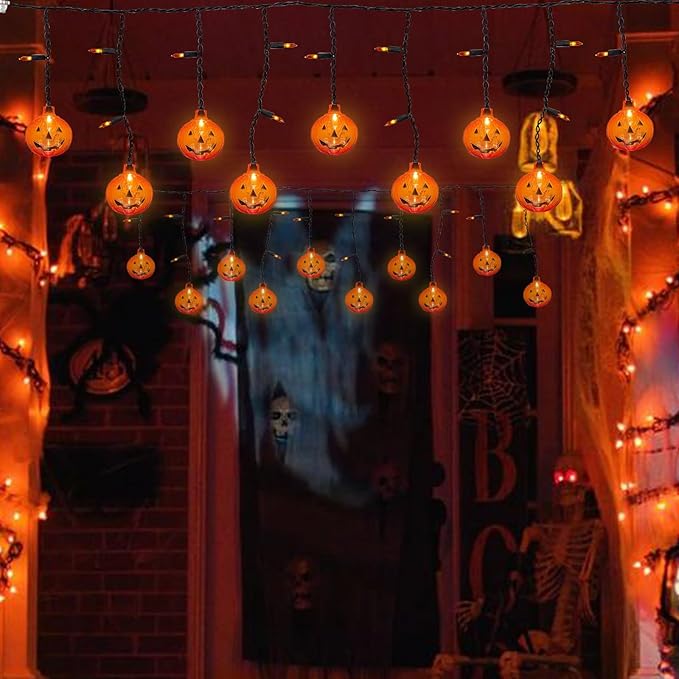 SUNSGNE 7FT Halloween Pumpkin String Lights, 25 Mini Orange Light Bulbs with 10 Plastic Pumpkins Lights for Indoor Outdoor Halloween Christmas Decorations