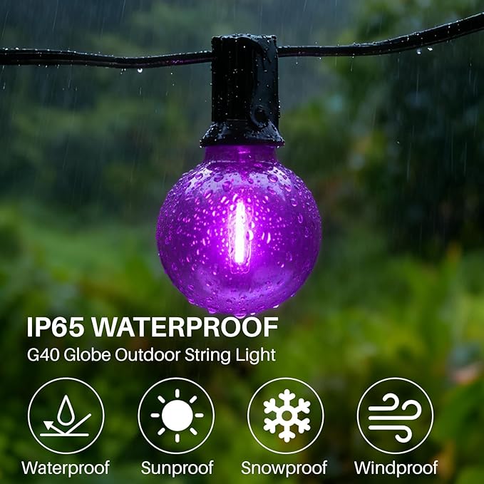 25 FT Colorful Outdoor String Lights G40 Globe Shatterproof Patio Lights,13 Plastic Edison Bulbs(1 Spare) IP65 Waterproof Dimmable LED Bulbs for Backyard Porch Balcony Party Decor, E12 Base