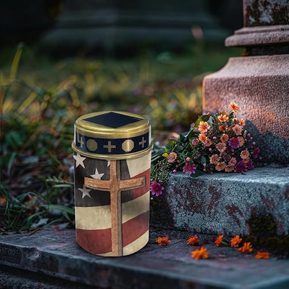 American Flag Solar Dusk to Dawn Lights Outdoor Waterproof Solar Memorial Lights for Graves Eternal Light Solar Powered Lighted Cross,Cemetery Decor Candle Lamp