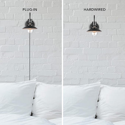 GLOBE Electric Wren 1-Light Plug-in or Hardwire Wall Sconce, Matte Black, 6ft Black Braided Fabric Designer Cord, in-Line On/Off Rocker Switch, Bulb Not Included