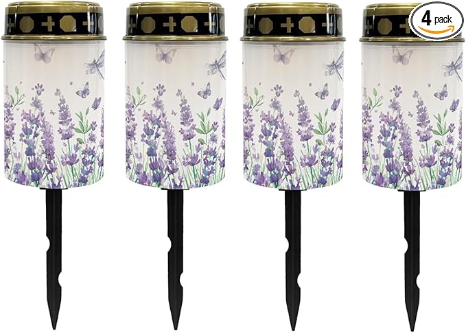 Poceacles Solar Lights Outdoor Cemetery Flameless LED Lights Grave Solar Lantern Outdoor Waterproof Decorative for Cemetery Grave Lawn Outdoor Decor, Hyacinth Flower Butterfly, Pack of 4