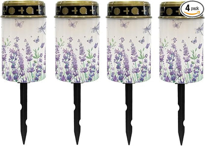 Poceacles Solar Lights Outdoor Cemetery Flameless LED Lights Grave Solar Lantern Outdoor Waterproof Decorative for Cemetery Grave Lawn Outdoor Decor, Hyacinth Flower Butterfly, Pack of 4