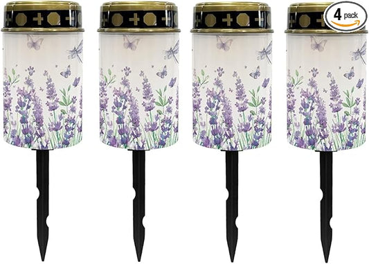 Poceacles Solar Lights Outdoor Cemetery Flameless LED Lights Grave Solar Lantern Outdoor Waterproof Decorative for Cemetery Grave Lawn Outdoor Decor, Hyacinth Flower Butterfly, Pack of 4