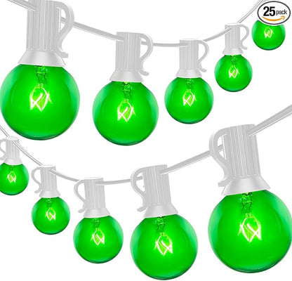 50Ft St. Patrick's Day G40 Outdoor String Lights, G40 Globe Patio String Lights Waterproof with 27 Green Incandescent Bulbs, Connectable Hanging Light for Backyard Porch Balcony St Patricks Day Decor