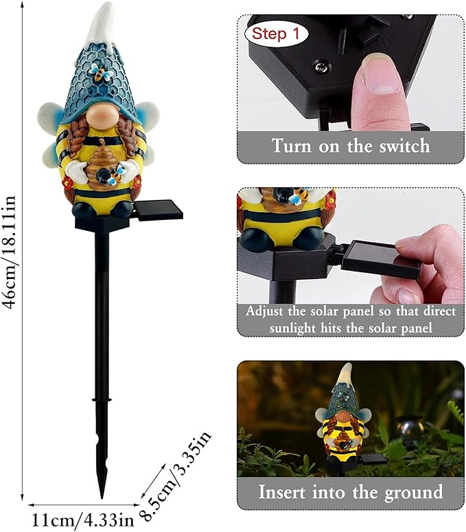 Solar Gnome Garden Lights, Outdoor Gnome Statue with Bees & Honey Jars, Solar Powered Fairy Garden Lights Gnome Decorations for Home Outside Yard Lawn Patio Gnomes Gifts (Bee)