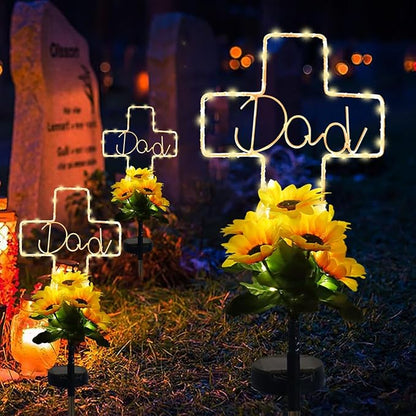 Solar Cross Sunflower Lights for Cemetery Dad, Waterproof Grave Decorations for Cemetery Dad, Sympathy Memorial Gifts for Loss of Dad for Father Day Christmas Memorial Day Grave Decor