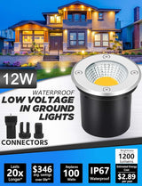 SUNVIE Low Voltage Landscape Well Lights with Wire Connectors, 12W LED, IP67 Waterproof Outdoor In-Ground Garden | Lumora