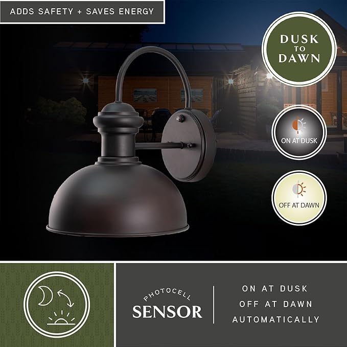 VAXCEL Franklin 12.75 in. H 1-Light Oil Burnished Bronze and Light Gold Dusk to Dawn Sensor Farmhouse Outdoor Wall Sconce, Metal Shade, Dark Sky Compliant for Porch Patio Front Door or Garage