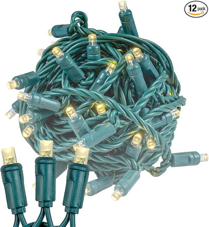 Novelty Lights 12-Pack, 17 Feet 100 LED Warm White Christmas Mini Light String on Green Wire, 5mm Wide Angle Bulbs, Connectable, Indoor/Outdoor Decor, UL Listed