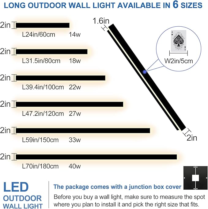 Modern Outdoor Wall Light, 24 Inch Long Outdoor Wall Sconce LED 3000K Black Exterior Sconce with Junction Box Cover IP65 Waterproof Outside Wall Lights for House Garage