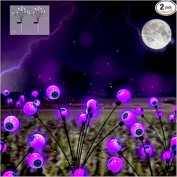 Garden Lights Solar Outdoor Halloween Decoration,2 Packs Total 16 LED Halloween Eyeballs Lights for Garden Yard Pathway Halloween Swaying Waterproof Decor- Purple