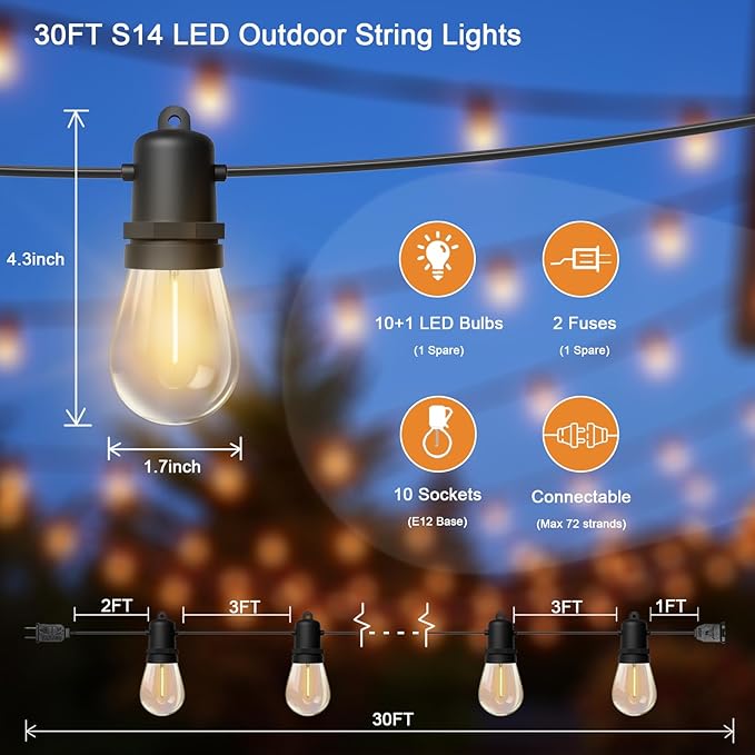 Commercial Grade LED String Lights 10 Shatterproof LED Bulbs, IP65 Waterproof & Dimmable Warm White,Black Wire,Outdoor Hanging Lights for Patio, Wedding, Cafe, Backyard Decor (30FT)