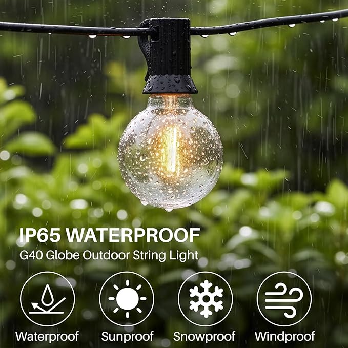 50 FT Outdoor String Lights G40 Globe Shatterproof Patio Lights,26 Plastic Edison Bulbs(2 Spare) IP65 Waterproof Dimmable LED Bulbs for Backyard Porch Balcony Party Decor, E12 Base, 2700K