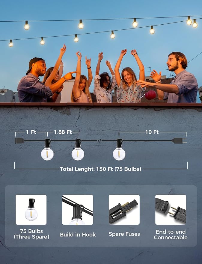 XMCOSY+ Smart Outdoor String Lights, 150Ft G40 Globe Patio Lights with 75 LED Bulbs, WiFi & APP Control, Work with | Lumora