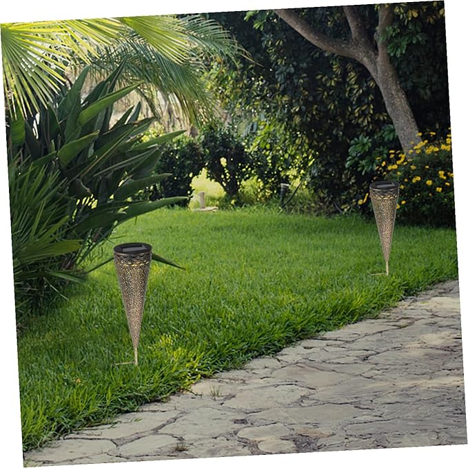 DOITOOL 2pcs Solar Pathway Lights Iron Art Cone Shape Design Decorative Lawn Lamps for Patio and Ambiance