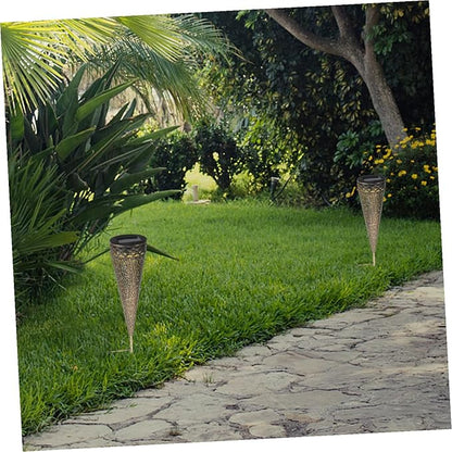 DOITOOL 2pcs Solar Pathway Lights Iron Art Cone Shape Design Decorative Lawn Lamps for Patio and Ambiance