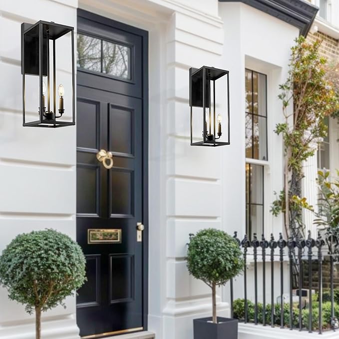 Bestshared Large Outdoor Wall Sconce, 24'' Modern Black Outdoor Wall Lantern, 3-Light Clear Glass Porch Light | Lumora